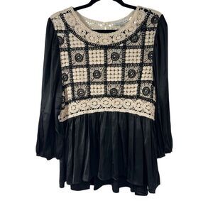 See And Be Seen Black Cream Crop Square Puff Sleeve Babydoll Top Sz M‎ Women’s